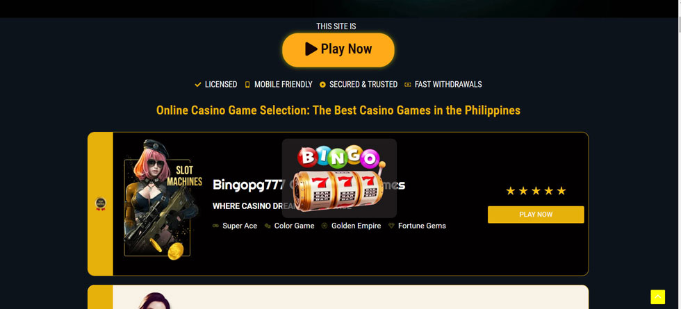 bingopg777 casino lobby with slot categories, promotional banners, and premium dark interface